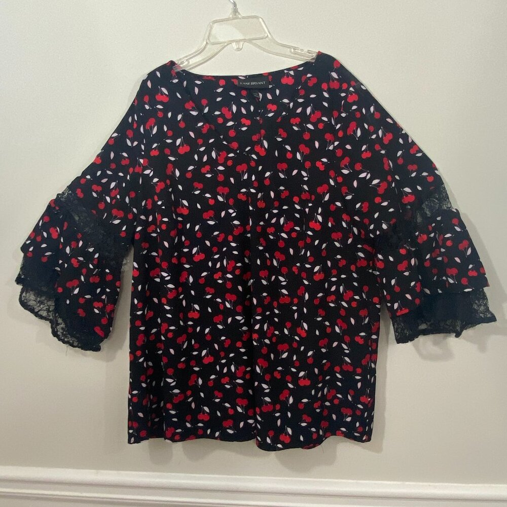 Lane Bryant Top Black with Red Cherries Size 14/16